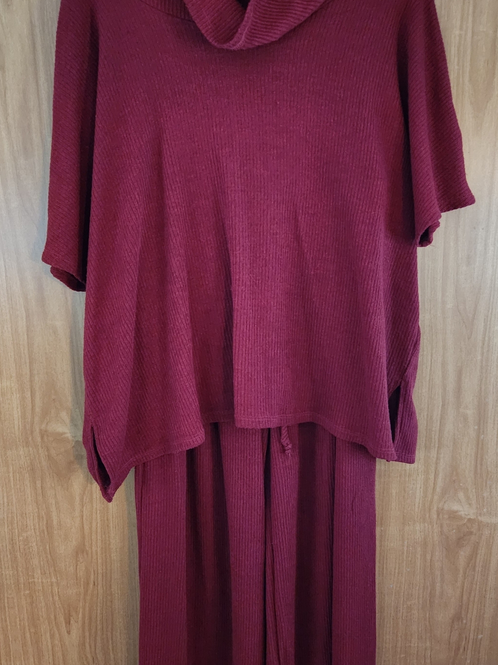 Burgundy Red Wide-Leg Ribbed Jumpsuit Set